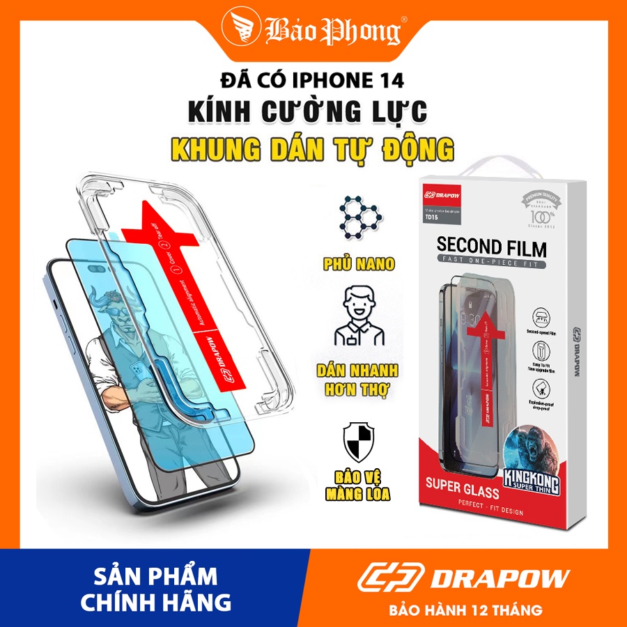 Kính cường lực tự dán IP Kingkong Drapow TD15 khung tự động siêu dễ dán viền mỏng chống bụi chính hãng