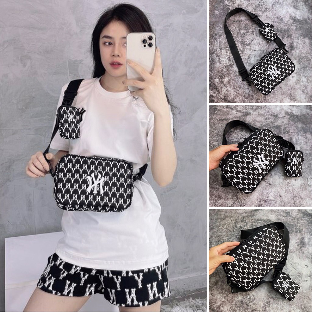 ⚡️ Túi M.L.B đeo chéo NY Monogram Jacquard Cross Bag - Black/White HÀNG XUẤT DƯ FULL TEM TAG