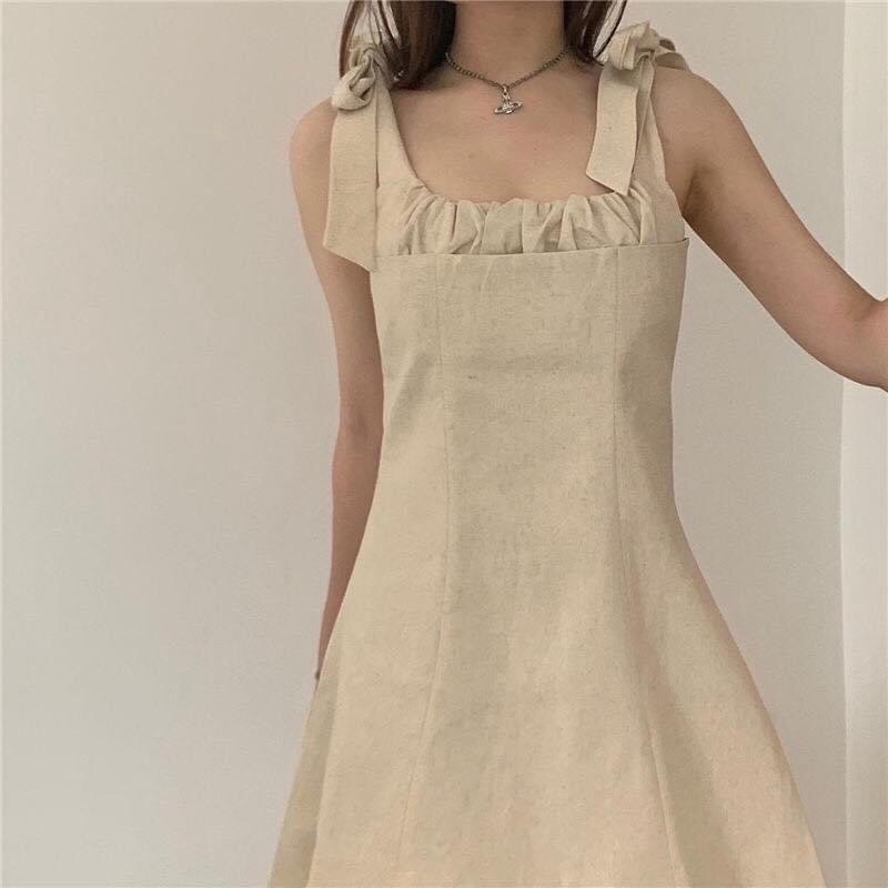 L ĐẦM HAI DÂY THẮT NƠ VIỀN BÈO UIZZANG STYLE