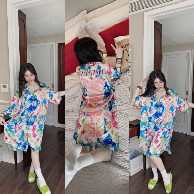 Váy đầm ngủ gấu LV loang xanh lụa cao cấp