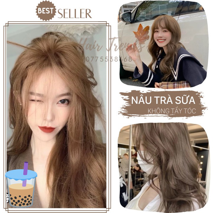 (Không tẩy tóc)Thuốc nhuộm tóc màu NÂU TRÀ SỮA tặng kèm trợ dưỡng,màu nhuộm Chiko-Hairtrends shop (CCK6.31)