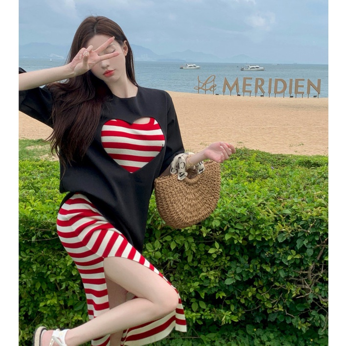 Đầm Thun Ngắn Tay Xẻ Tà Kẻ Sọc Đỏ Gợi Cảm Thời Trang Mùa Hè Cho Nữ