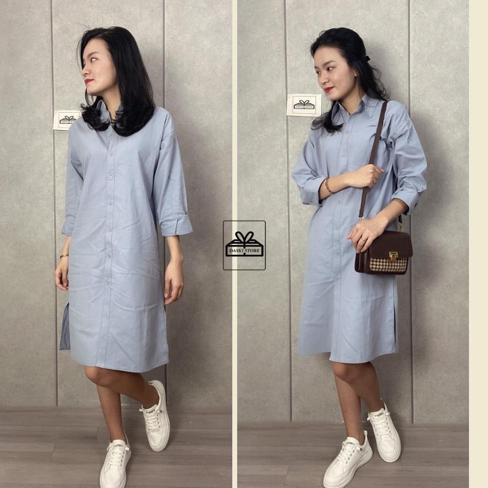 Váy sơ mi free size, đầm nữ cổ bẻ dài tay chất thô 4 màu Daski