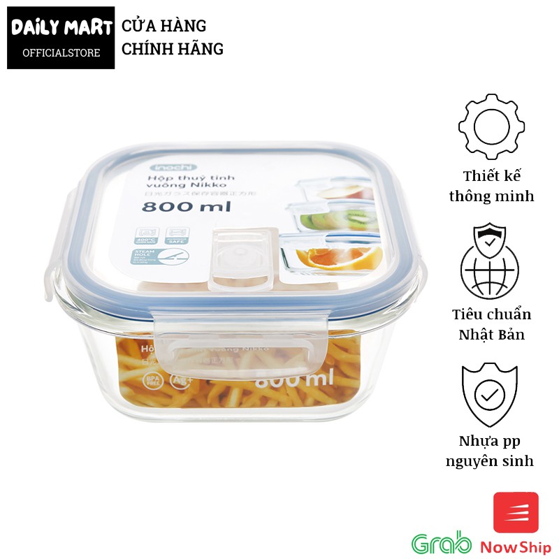 [3 Size] Hộp Thủy Tinh Đựng Thực Phẩm, Hộp Bảo Quản Thức Ăn Dạng Vuông NIKKO Inochi | BigBuy360 - bigbuy360.vn