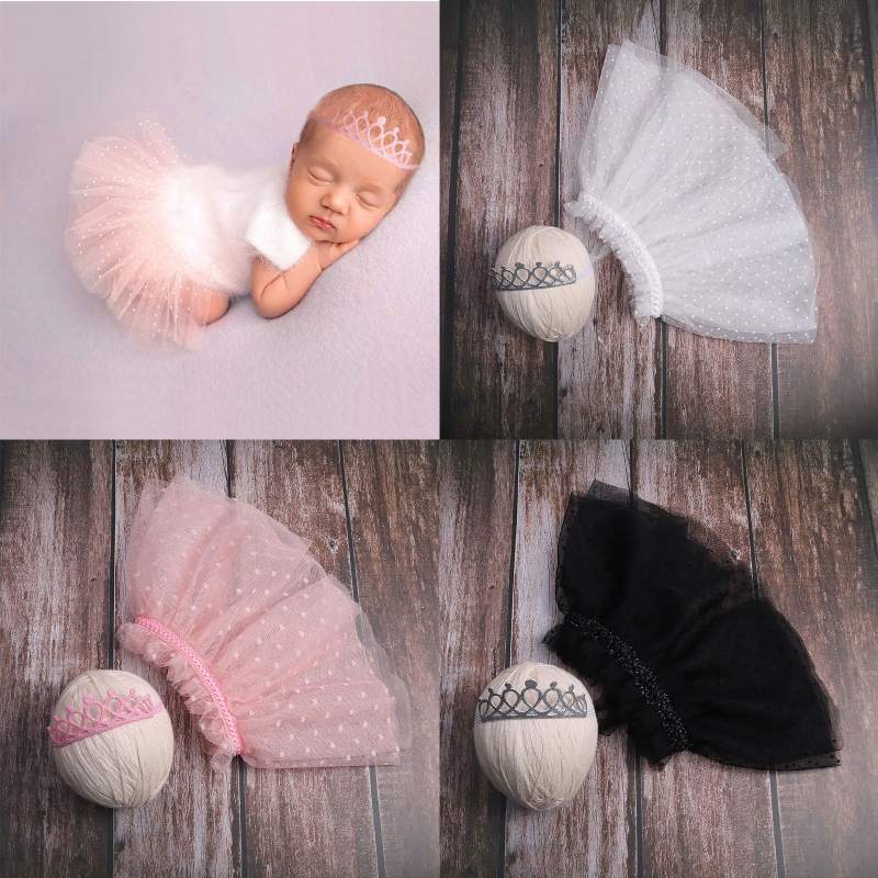 Set Đồ 2 Món Gồm Áo Hai Lớp Chấm Bi + Chân Váy Tutu + Băng Đô Hình Vương Miện Đính Kim Sa Cho Bé Gái Sơ Sinh
