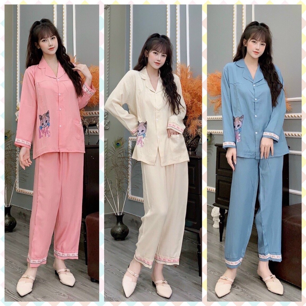 Bộ đồ bầu pyjamas cổ V sau sinh mặc nhà, đồ bầu dài tay có khóa kéo phần ngực cho bé ti BN309 - Tirahouse
