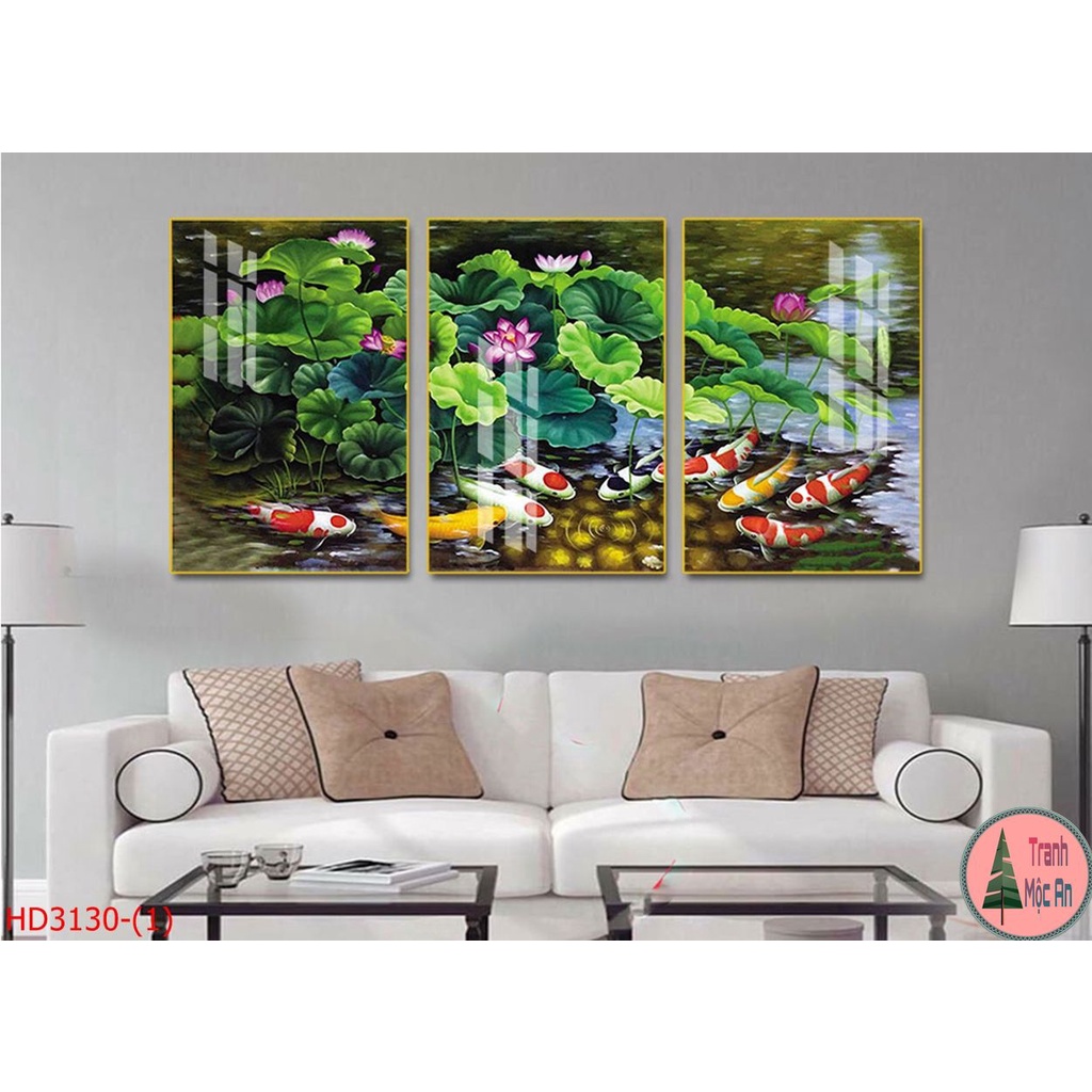 bộ 3 tranh CỬU NGƯ QUẦN HỘI cao cấp Treo Tường Tráng gương trang trí phòng khách