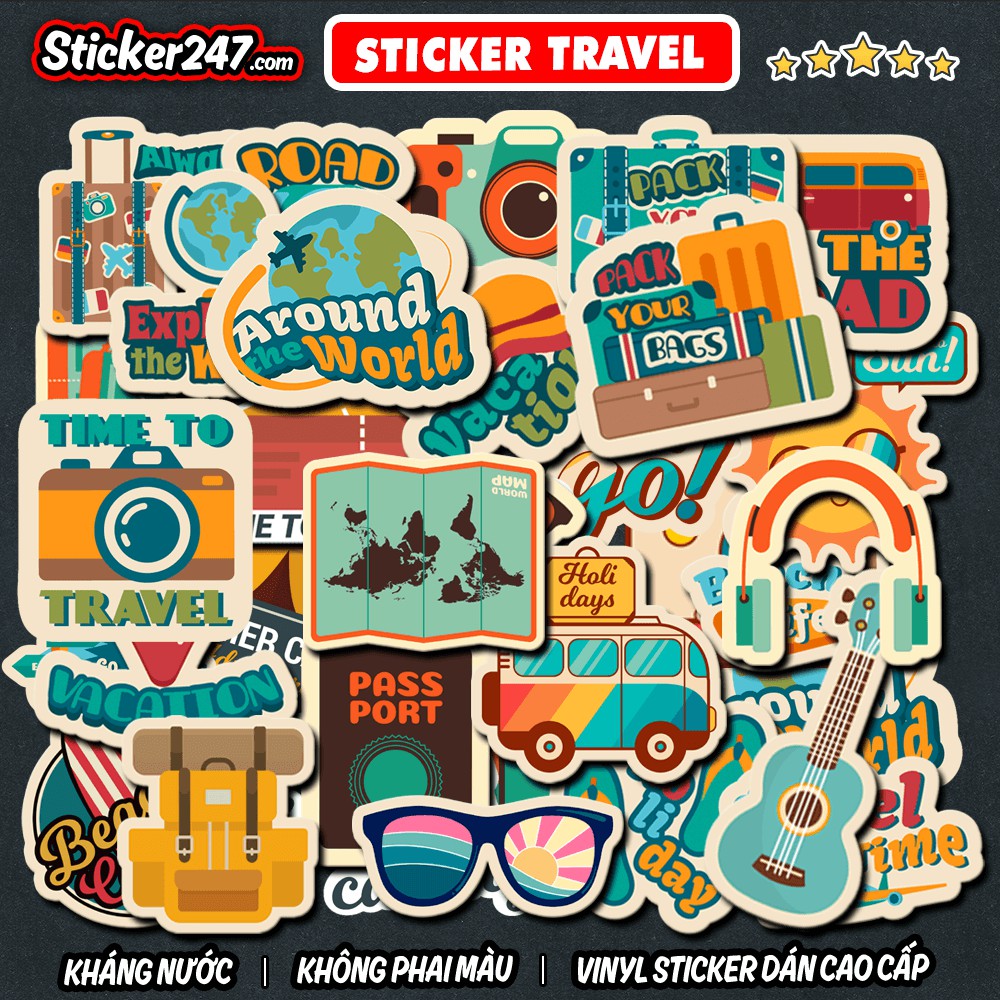 Sticker Travel Vintage 🌈𝑭𝒓𝒆𝒆𝒔𝒉𝒊𝒑 Sticker Dán Vali Du Lịch, Dán Mũ Bảo Hiểm, Laptop, Đàn Guitar - Hình Dán Chống Nước