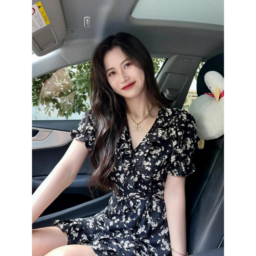 [ORDER] Váy MORAN Hoa Nhí Màu Đen Tay Phồng Cổ V Xòe Ngắn Đuôi Cá Thắt Eo Điệu Đà VD064 ICC Official Store