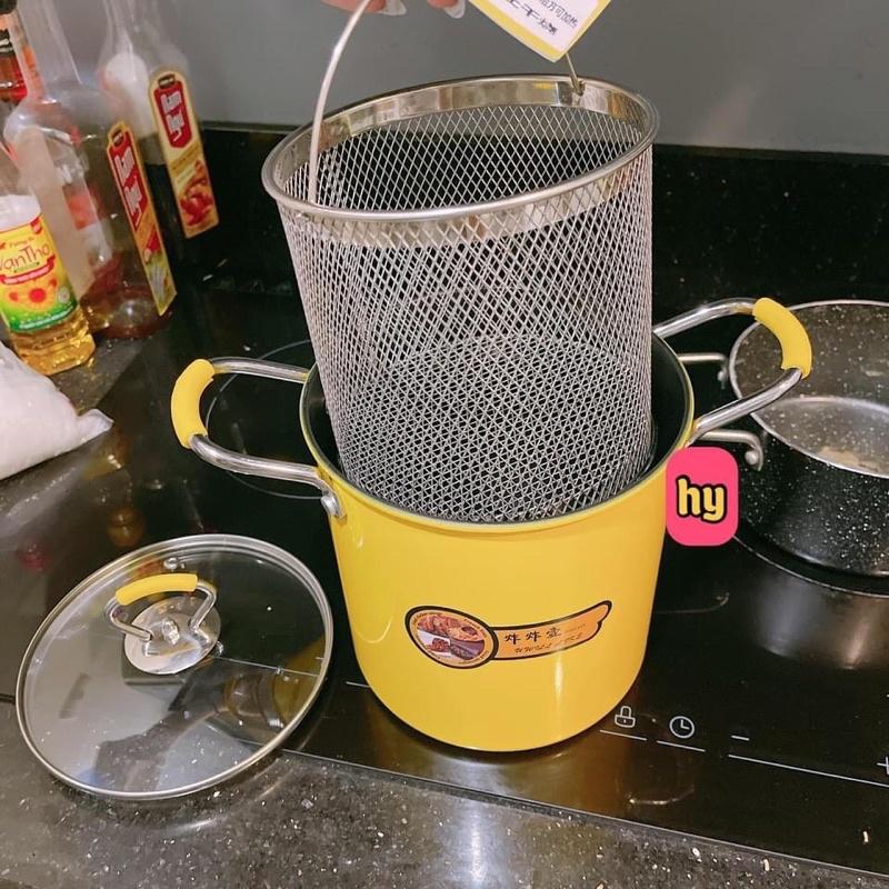 Nồi chiên ngập dầu con vịt vàng tặng kèm rổ, Nồi chiên ngập dầu cao 18cm, rổ Inox 304, hàng loại 1 dày dặn
