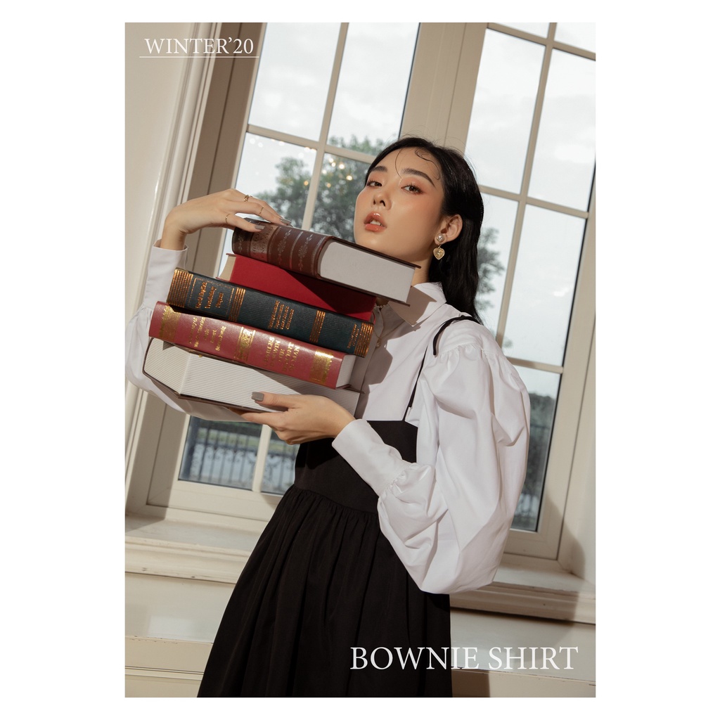 CIGNO-Đầm hai dây đen PUREN dáng xoè phối áo sơ mi BOWNIE tay phồng thanh lịch