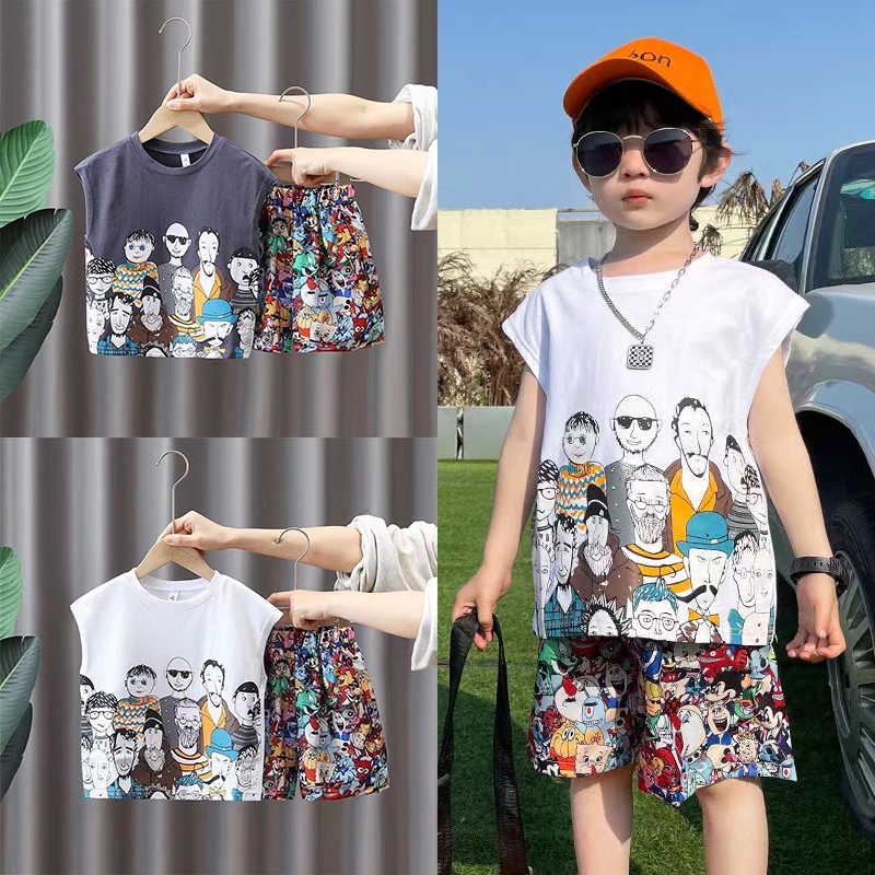 Bộ Áo Thun Sát Nách + Quần Đùi Họa Tiết Hoạt Hình Cho Bé Trai