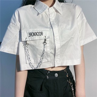 Áo Croptop Trắng Cổ Bẻ Phối Xích
