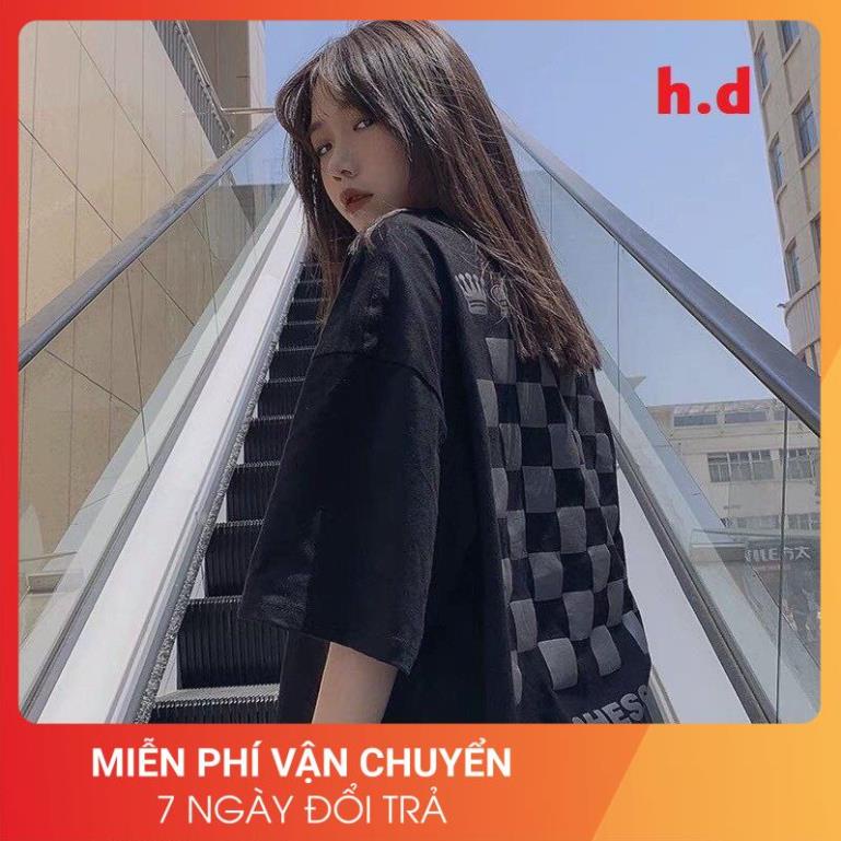 Áo Thun Chess Đen 24APRIL Nữ [FREESHIP]  Phông ngắn tay lỡ form rộng, in hình bàn cờ vua vintage cá tính Ulzzang
