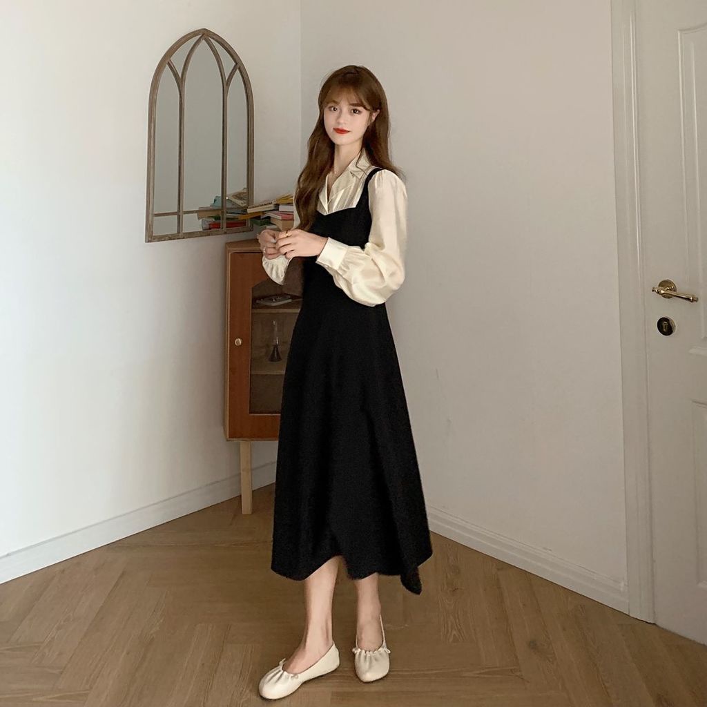 Mới Đầm Nữ Dài Tay Cổ Tròn Eo Thắt Dây Thời Trang Hàn