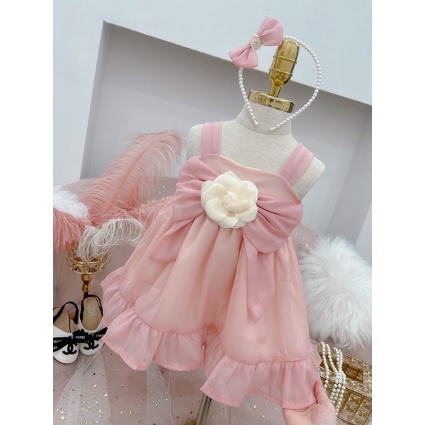 Váy tơ hoa trà kèm bờm cho bé gái