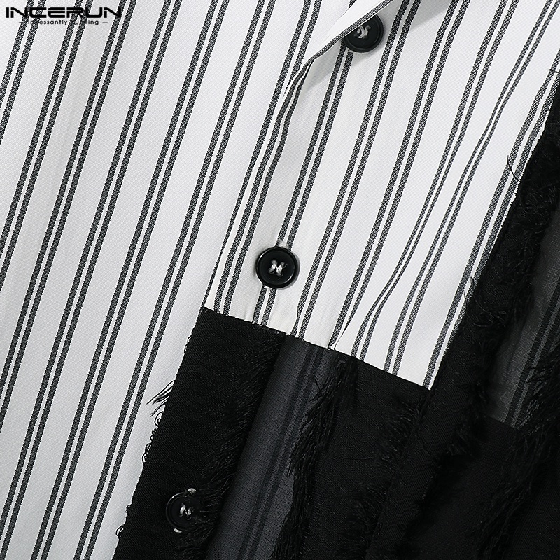 Áo sơ mi INCERUN ngắn tay dáng rộng gài nút kẻ sọc thời trang cho nam