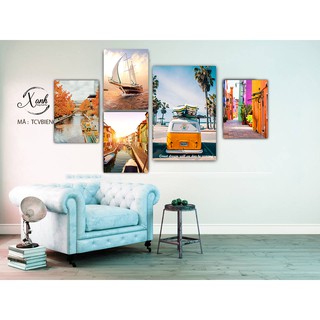 Bộ 5 tranh canvas mùa thu kèm tặng đinh treo tranh