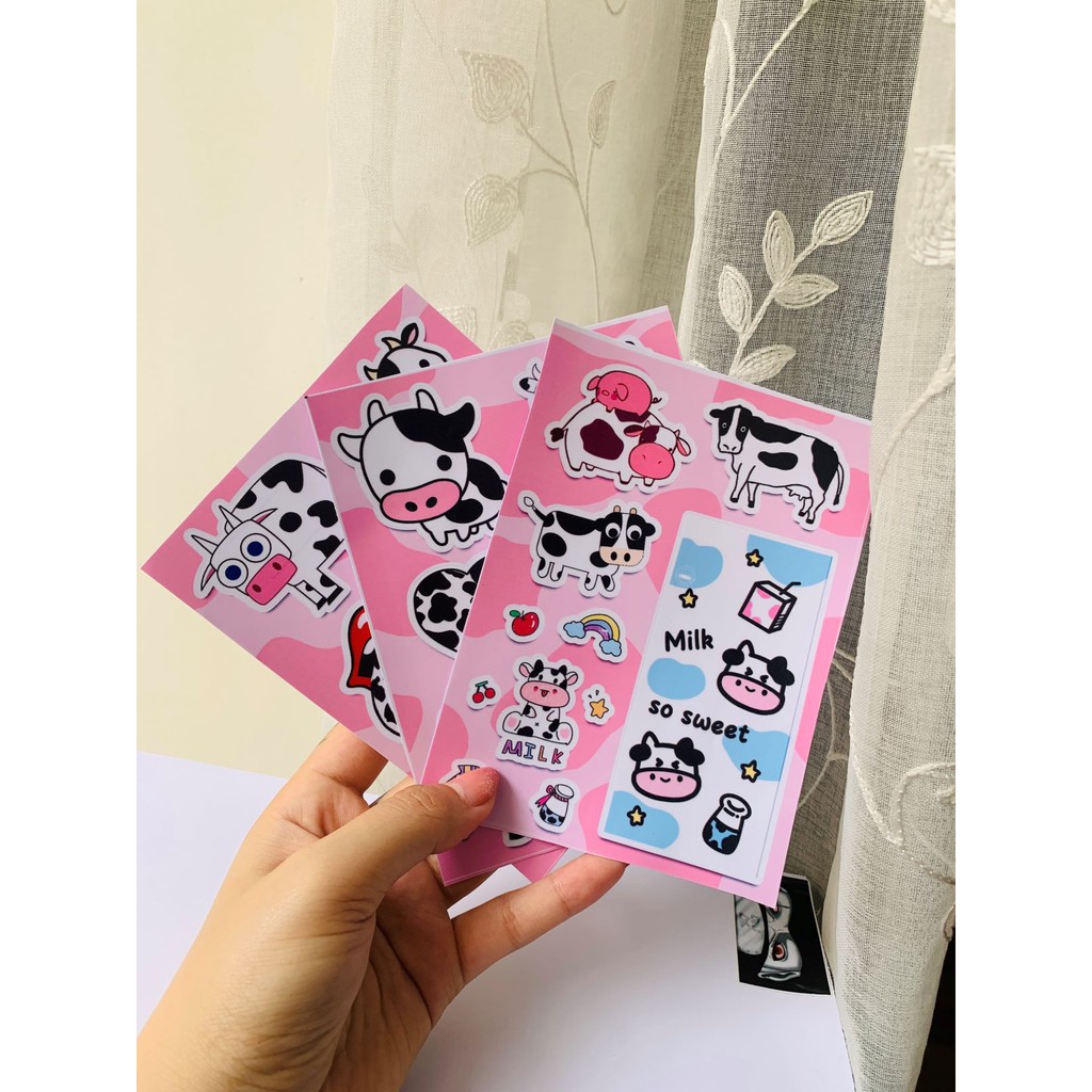 Sticker bò sữa siêu cute dán mũ bảo hiểm, sách, vali, laptop chống nước