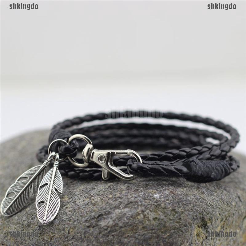 Vòng đeo tay da PU trang trí mặt lông vũ thời trang cho nam