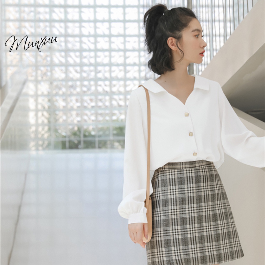 Áo sơ mi trắng nữ basic công sở Munxuu, bản cổ V tay áo dài bồng nhẹ thời trang - SP47