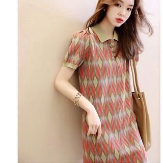 Đầm Dệt Kim Dài Đến Đầu Gối Tay Ngắn Dáng Suông Lưng Cao Phối Màu Tương Phản Thời Trang Mùa Xuân 2023 Cho Nữ