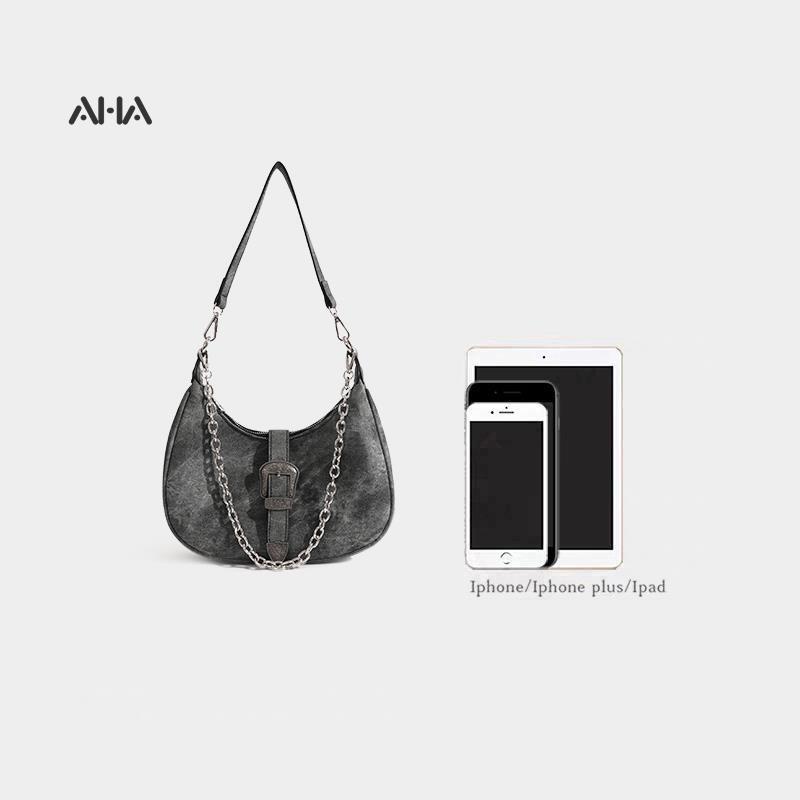 Túi xách AHA OFFICIAL đeo vai vải canvas phối dây da và sợi xích thời trang dành cho nữ