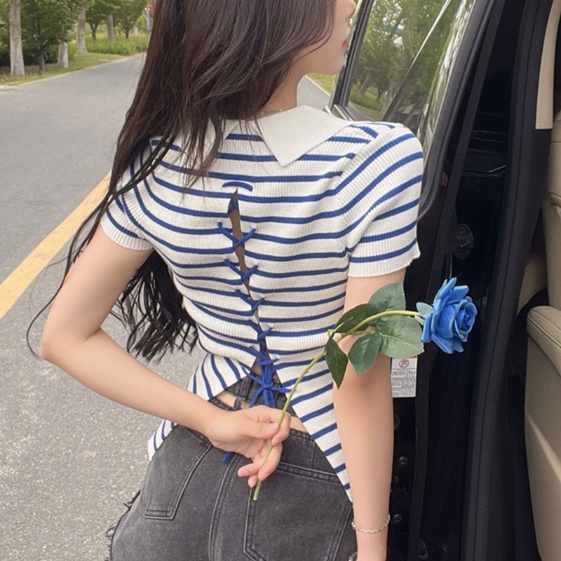 Áo thun polo YEYA họa tiết sọc ngang hở lưng thời trang dành cho nữ