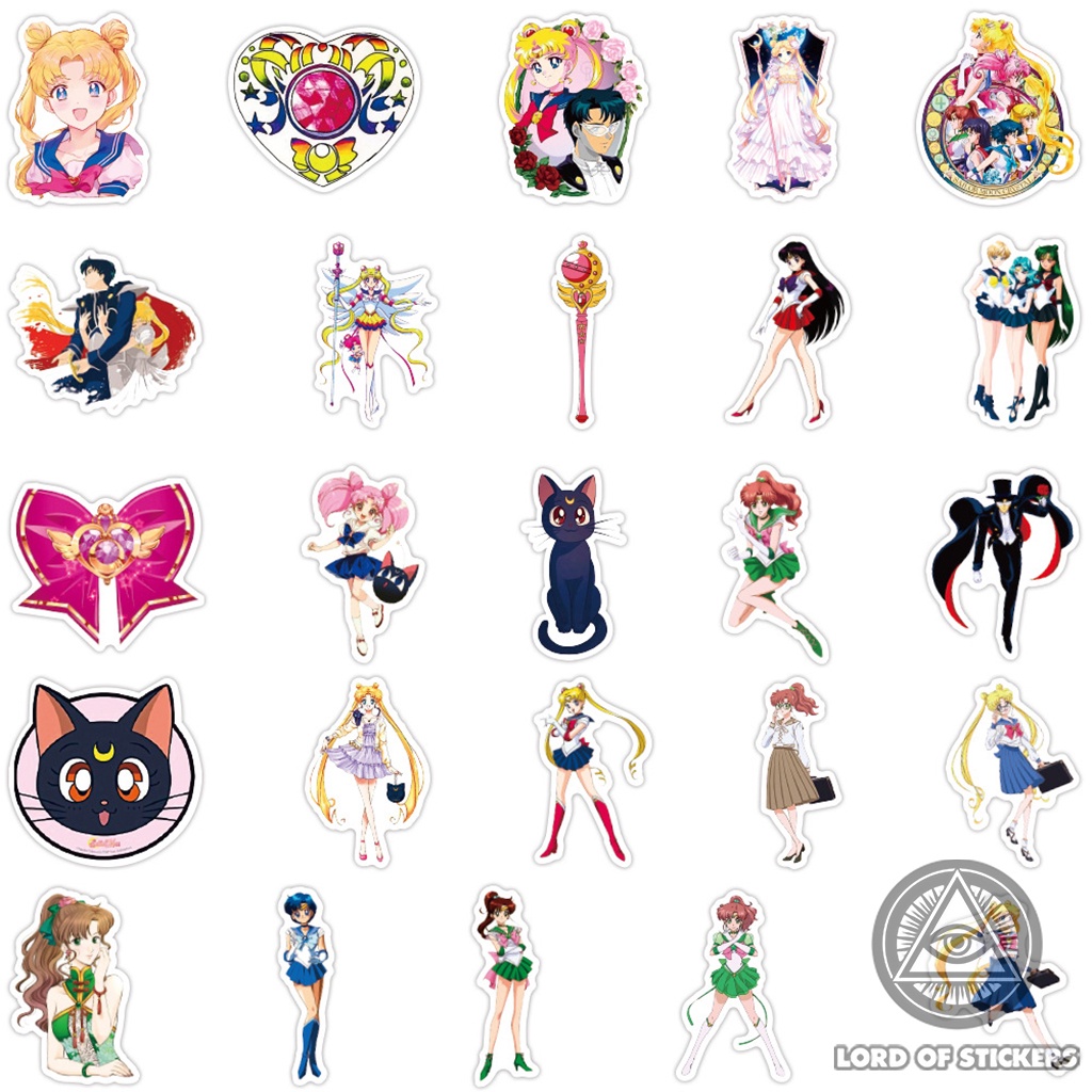 Set 50 Nhãn Dán Hình Thủy Thủ Mặt Trăng Sticker Cute Anime Sailor Moon Chống Thấm Nước Trang Trí Mũ Bảo Hiểm, Laptop, Sổ