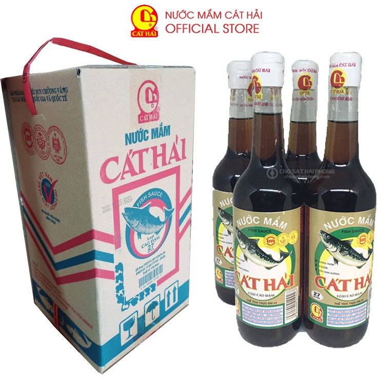 Hộp 4 chai Nước mắm Cát Hải loại Cao đạm 27 độ đạm chai thuỷ tinh 650ml