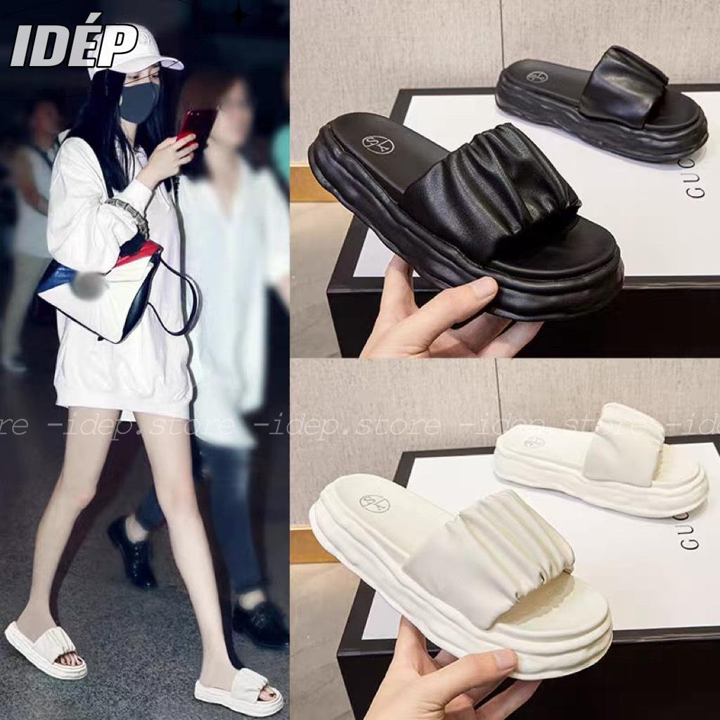 Dép nữ quai ngang da nhún cao 3cm đế bánh mì cao su mềm siêu êm chân chống trơn trượt iDÉP DL299