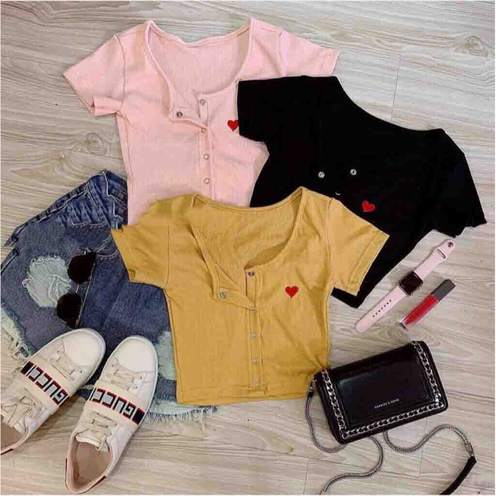 Áo croptop nút thêu trái tim xinh N12061