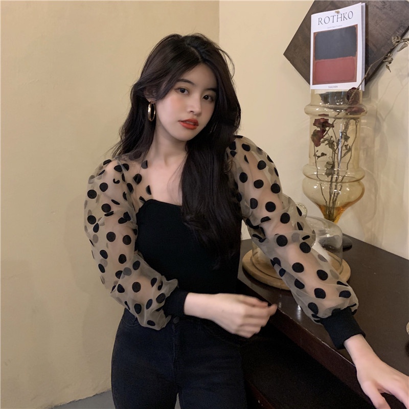 Áo Sơ Mi Cổ Vuông Tay Phồng Họa Tiết Chấm Bi Thời Trang Mùa Thu Mới Cho Nữ