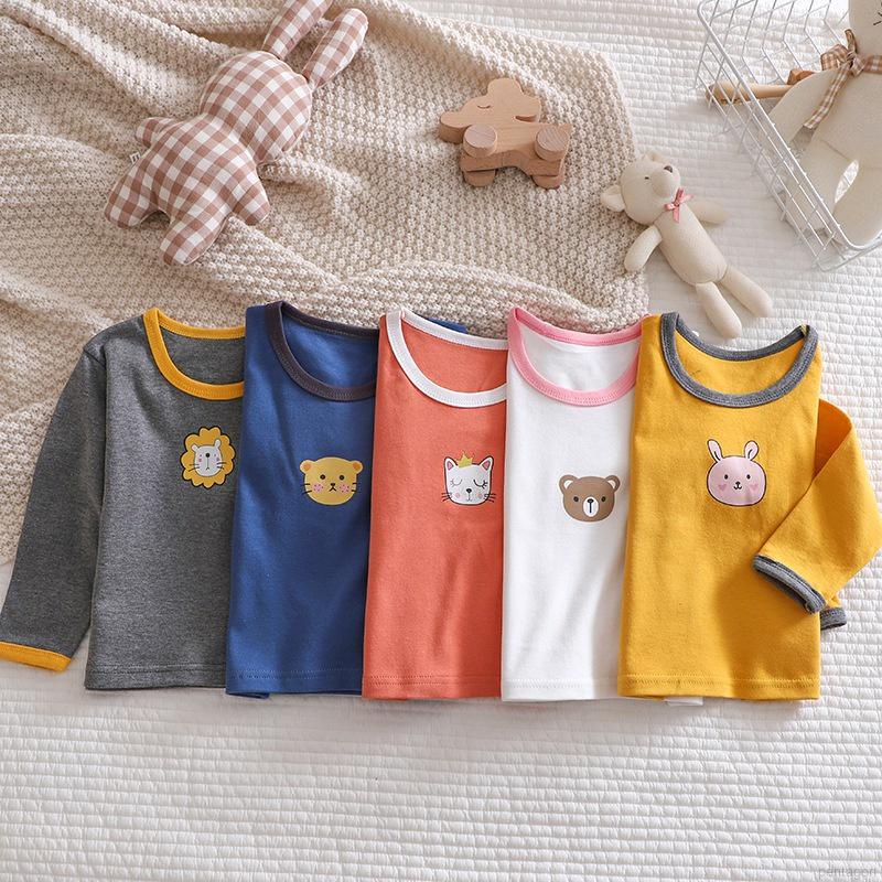 Áo thun cotton tay dài cổ tròn in họa tiết hoạt hình đơn giản cho bé từ 0-5 tuổi