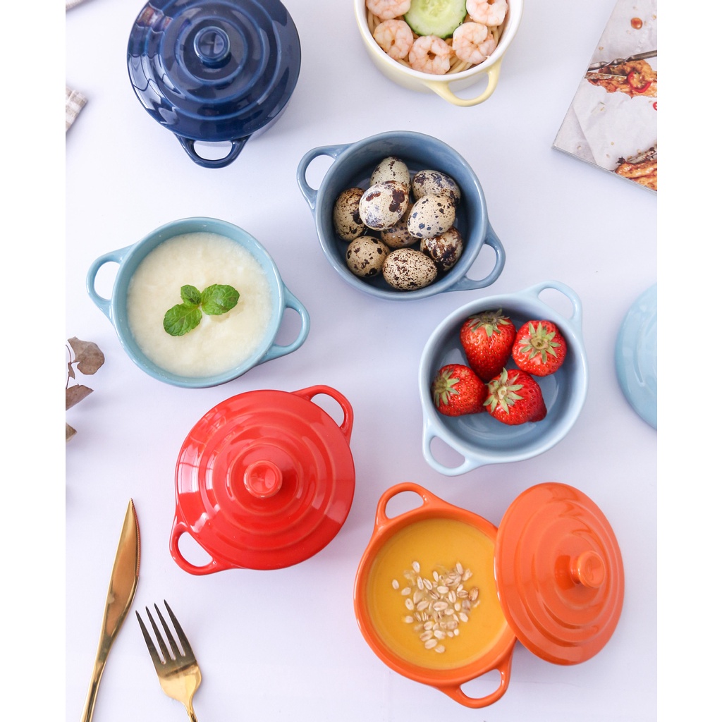 Nồi mini decor bằng sứ có nắp đựng đồ ăn dặm, cháo, súp cho bé decor bàn ăn xinh xắn giá rẻ