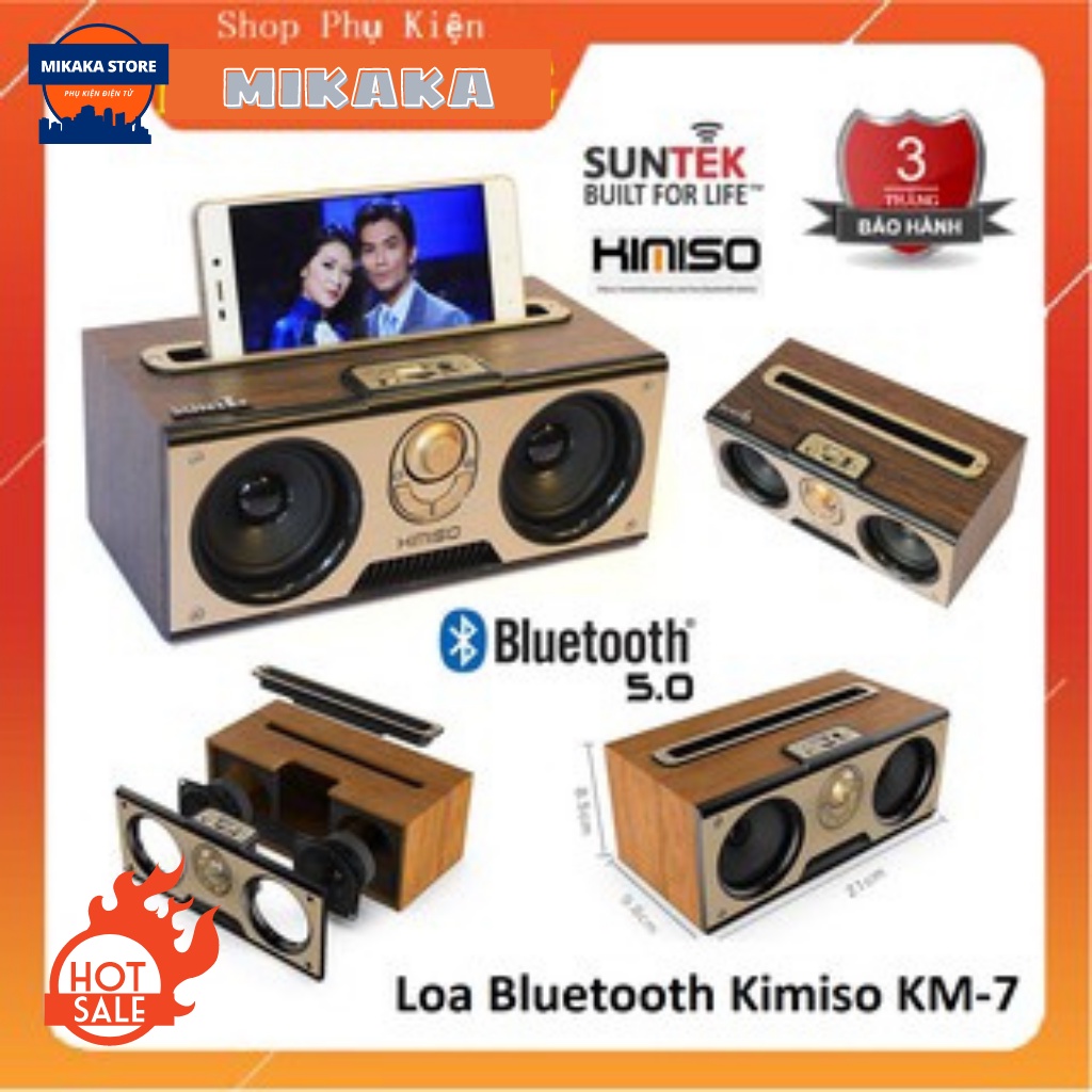 Loa nghe nhạc bluetooth KIMISO Loa không dây thiết kế vân gỗ cực đẹp, âm thanh cực hay kiêm giá đỡ điện thoại - Bảo hành