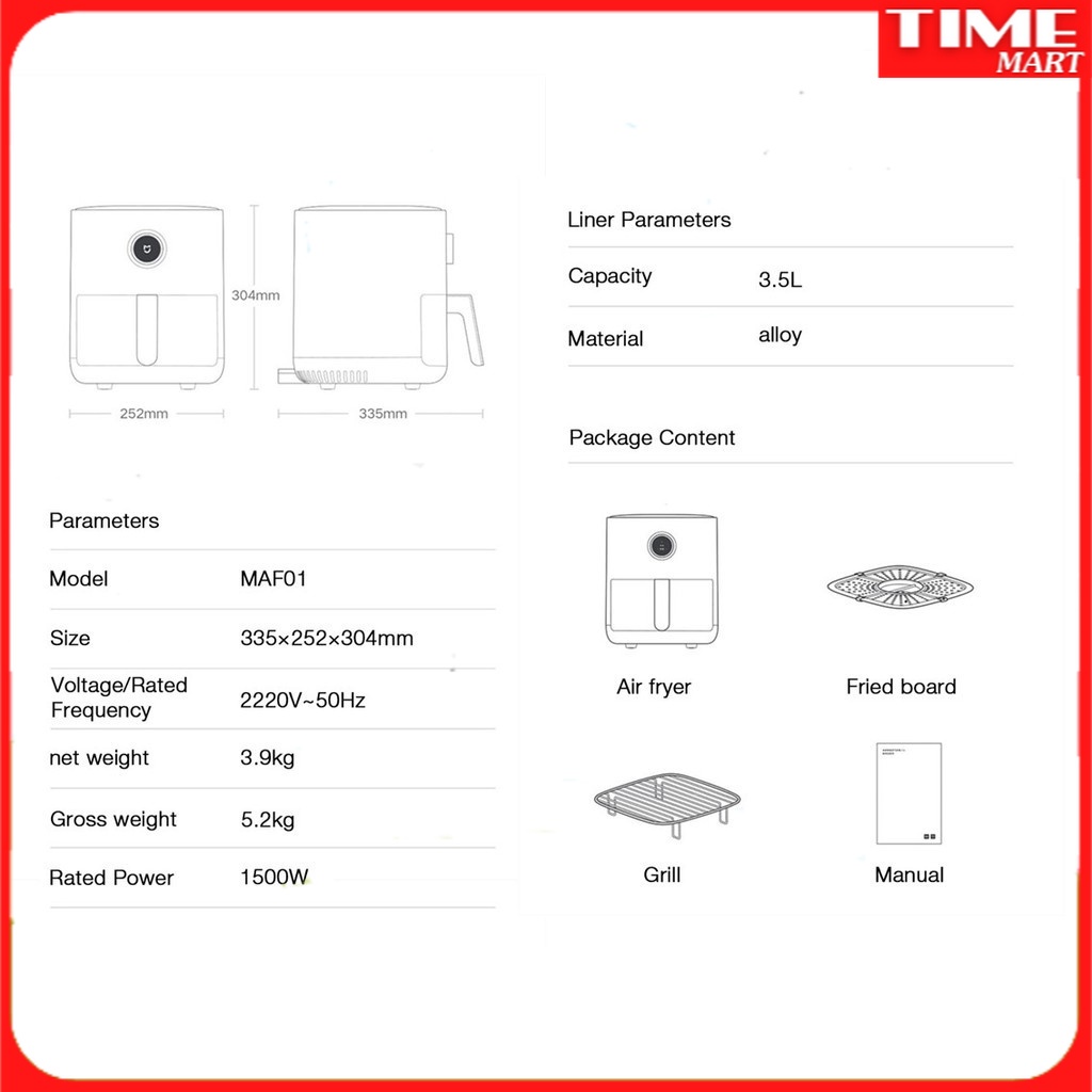 Nồi chiên không dầu 3.5L Mi Smart Air Fryer MAF002 [TIME_MART siêu thị