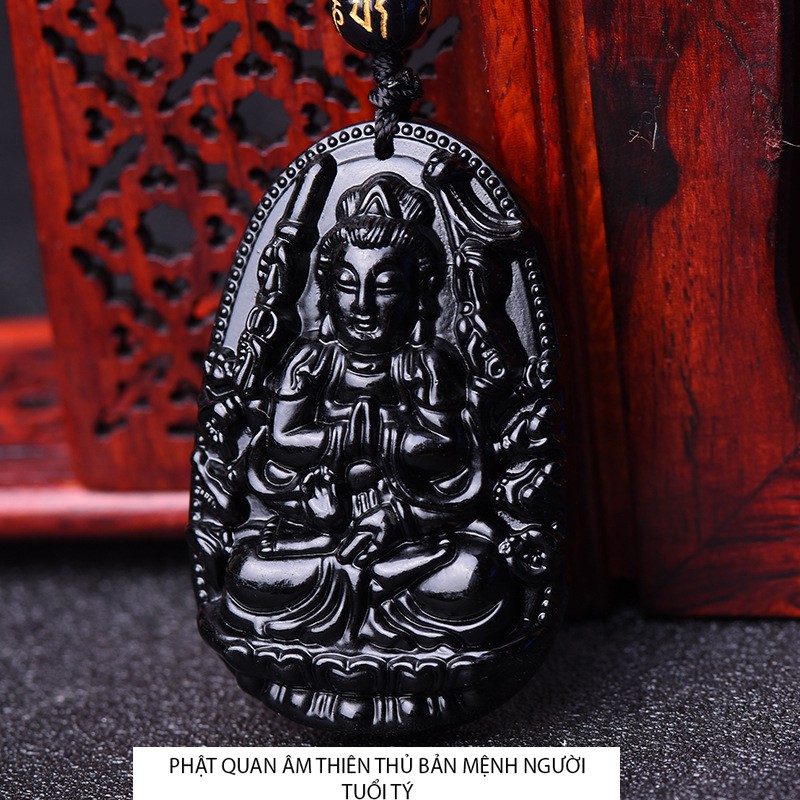 Vòng cổ dây chuyền mặt phật bản mệnh 12 vị phật cho 12 tuổi size 4.7cm x 3cm đá Obsidian - Mang lại bình an may mắn