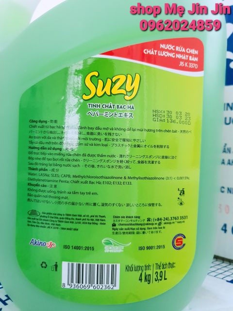 Nước rửa chén bát SUZY 4Kg -thành phần HỮU CƠ, chất lượng NHẬT BẢN