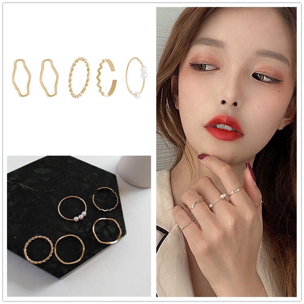 Set 5 chiếc nhẫn đính ngọc trai nhân tạo thời trang Hàn Quốc cho nữ