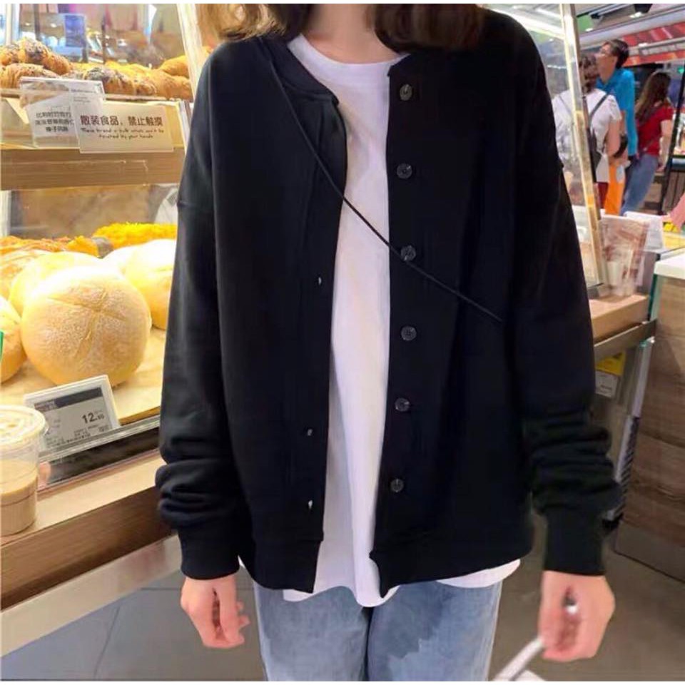 Áo Khoác Cardigan Trơn Màu Đen Basic Oversize Ulzzang Unisex Dáng Rộng - MM