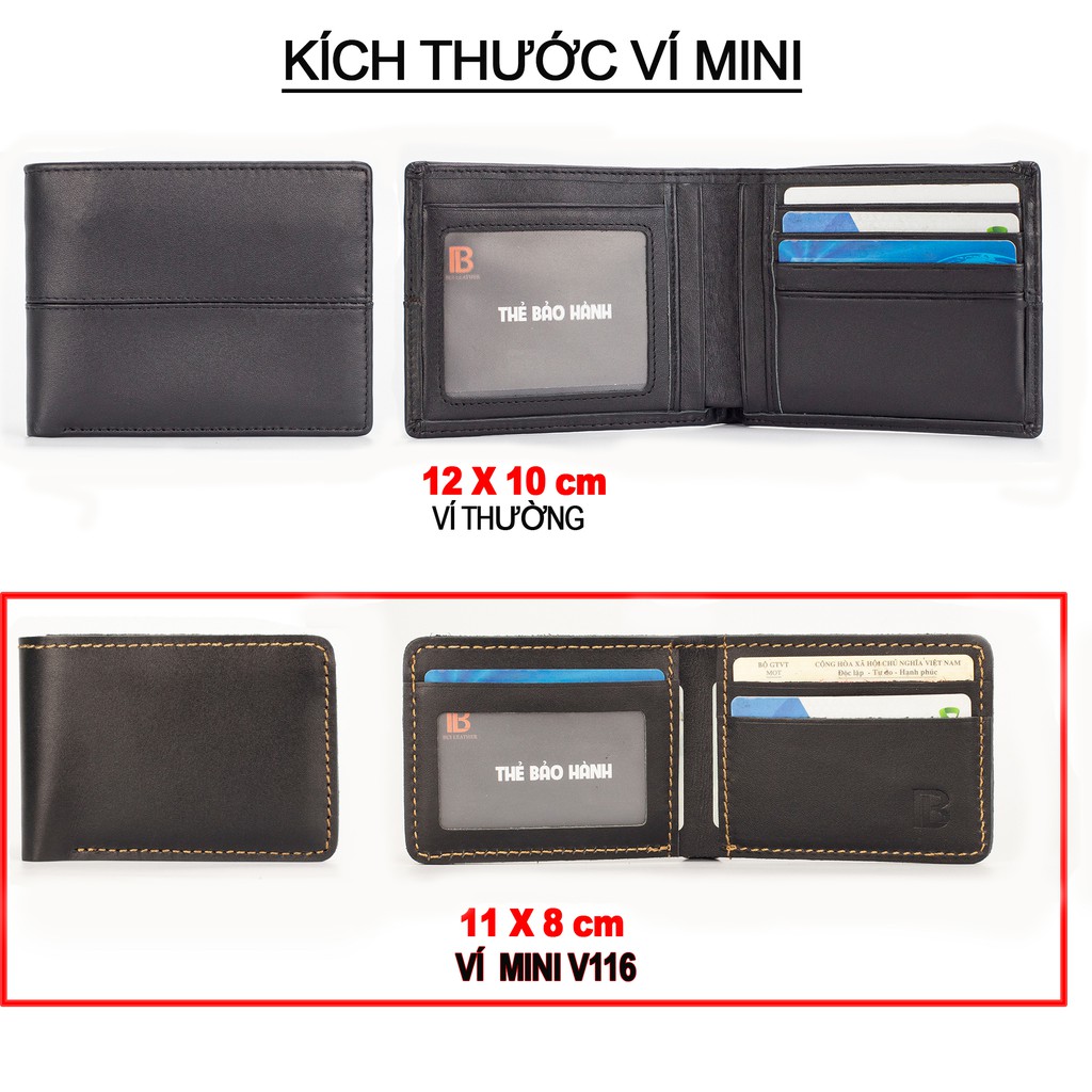 Ví mini nam da bò Nappa V115 cao cấp nhỏ gọn 2 màu lựa chọn-Bụi leather bảo hành 24 tháng