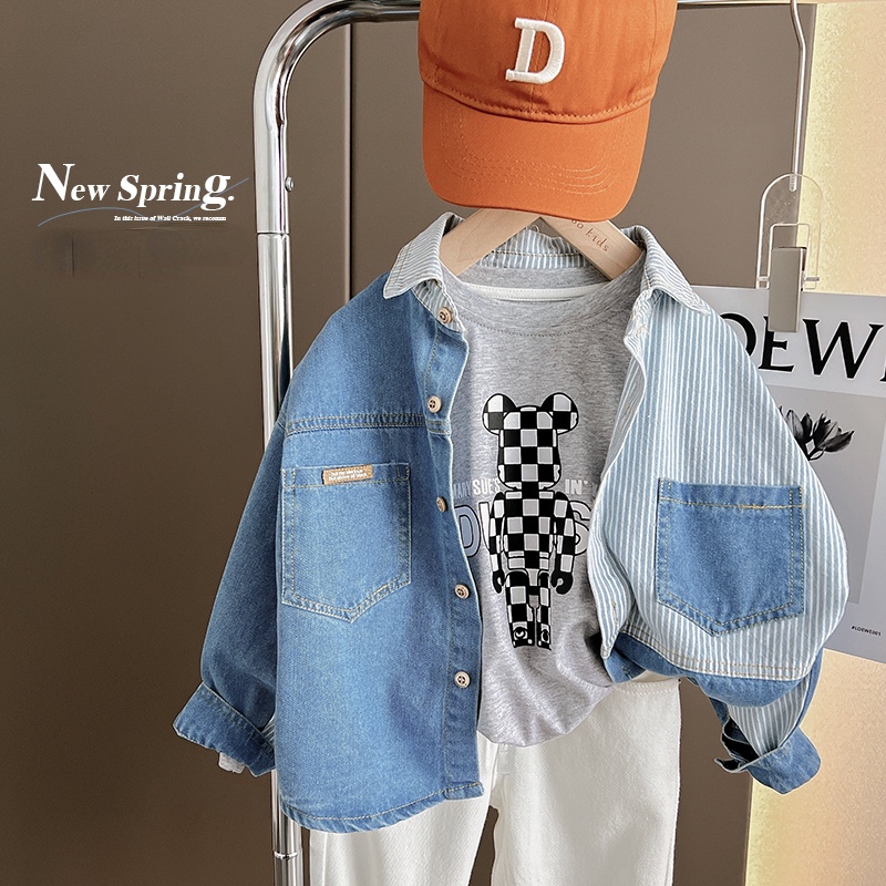 Áo Sơ Mi Denim Mỏng Mềm Phối Màu Tương Phản Cá Tính Cho Bé Trai 6 Tuổi