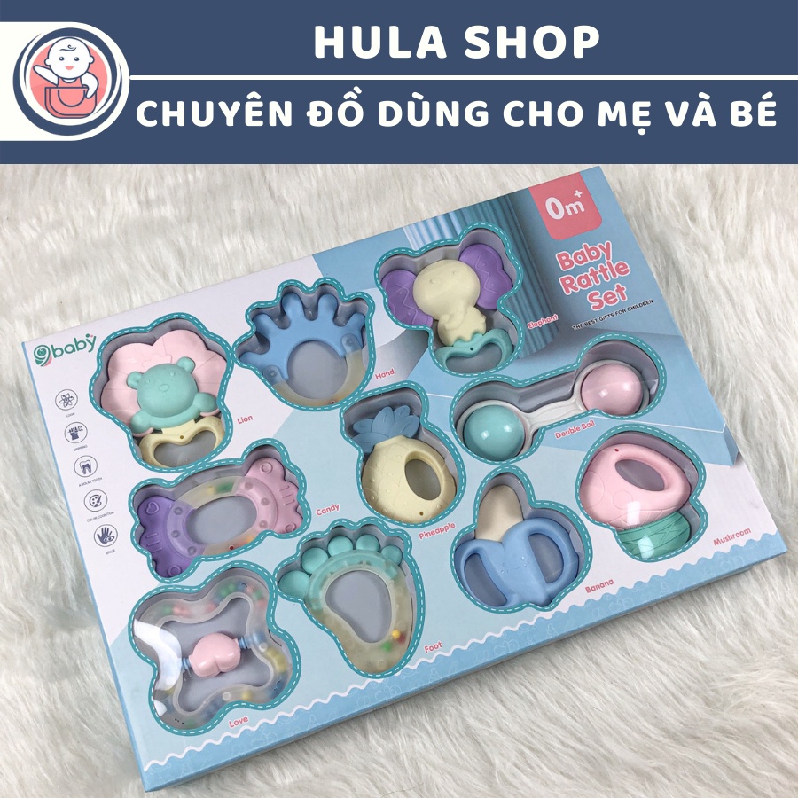 Bộ hộp giấy 10 món xúc xắc gặm nướu cao cấp nhiều chi tiết cho bé 9BABY chính hãng