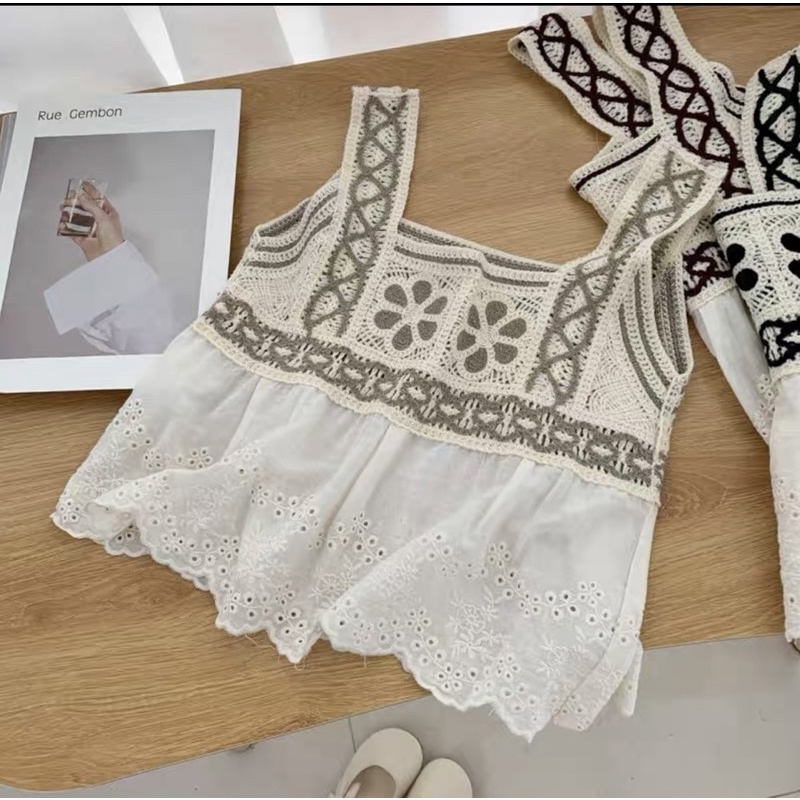 Áo 2 dây bản rộng kiểu thêu hoa babydoll thô nhẹ mát