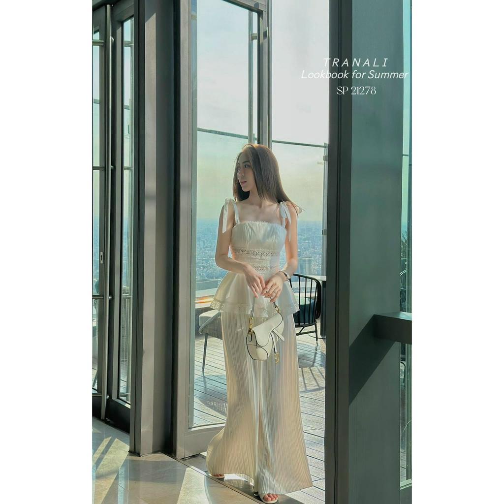 SET ÁO PEPLUM REN NƠ VAI + QUẦN DẬP LY TRẮNG SUÔNG