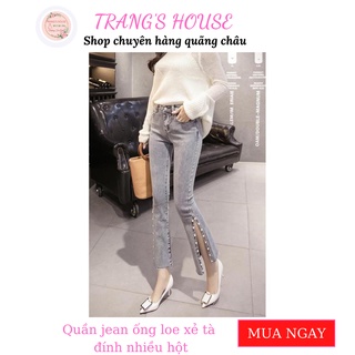 Quần jean ống loe xẻ tà đính nhiều hột CÓ ẢNH THẬT
