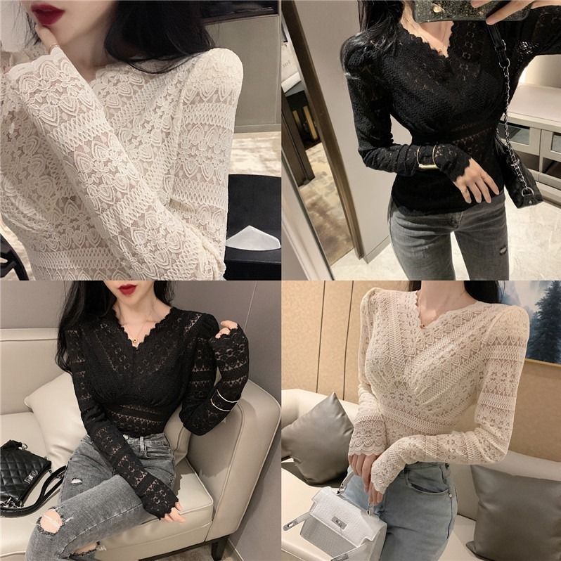 Áo Ren Lưới Tay Dài Cổ Chữ V Thời Trang Quyến Rũ Cho Nữ