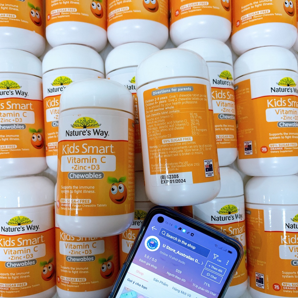 Viên Nhai Nature's Way Kids Smart Vitamin C+ZinC+D3 Chewable Tablets Bổ Sung Vitamin Cho Bé