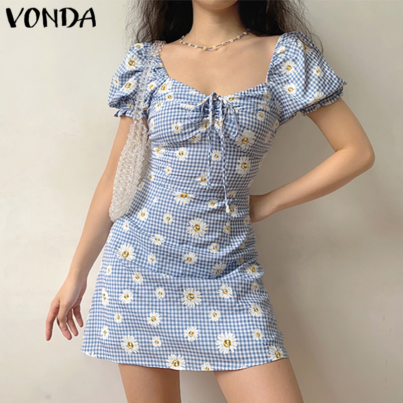 Đầm ôm VONDA cổ vuông ngắn tay họa tiết hoa phong cách Hàn Quốc thời trang dành cho nữ